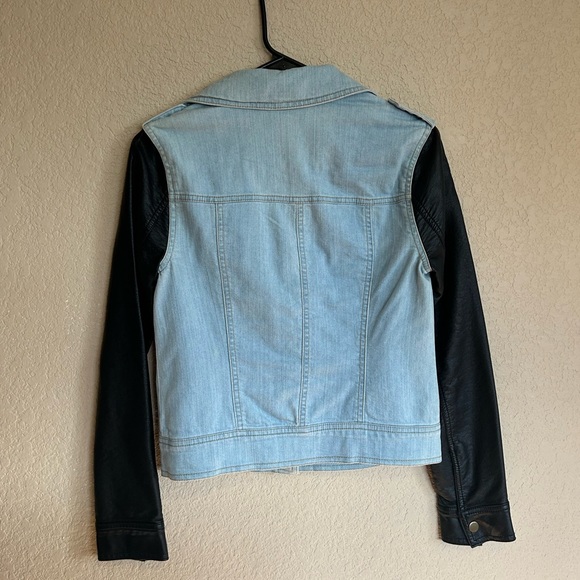 Light Blue Jean Jacket with Faux Leather Sleeves, Size Small - Picture 8 of 11